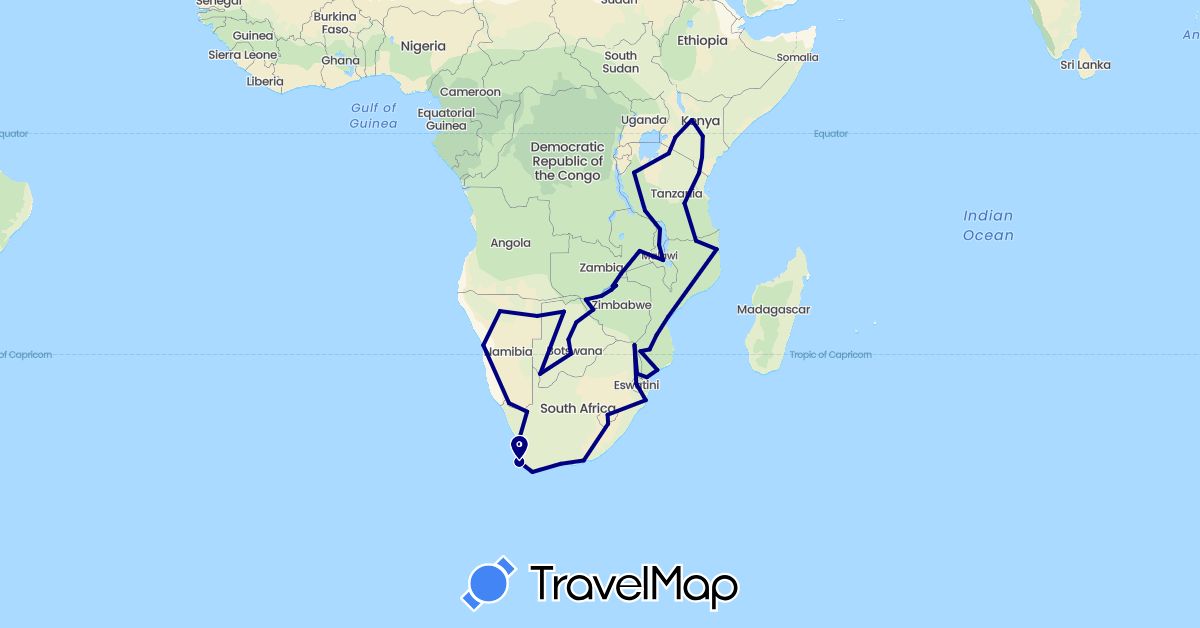 TravelMap itinerary: driving in Botswana, Kenya, Lesotho, Malawi, Mozambique, Namibia, Swaziland, Tanzania, South Africa, Zambia, Zimbabwe (Africa)