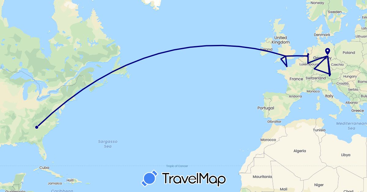 TravelMap itinerary: driving in Belgium, Germany, France, United Kingdom, Netherlands, United States (Europe, North America)